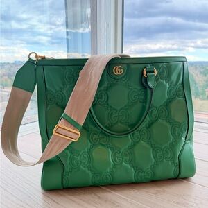 Green Authentic Gucci Leather Tote (Canvas interior and shoulder strap)